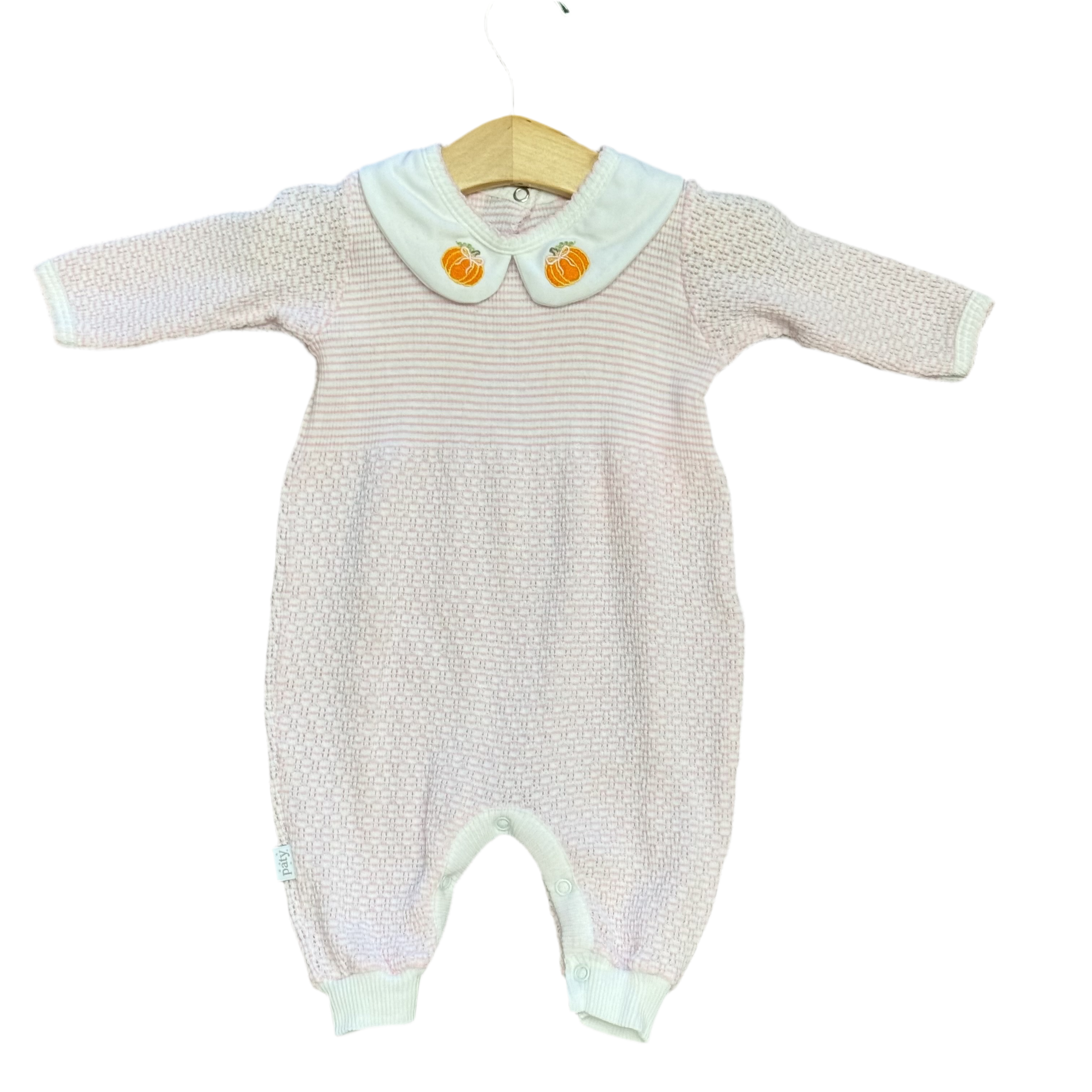 Paty Solid Romper w/Collar &amp; Pumpkin Embroidery: Pink