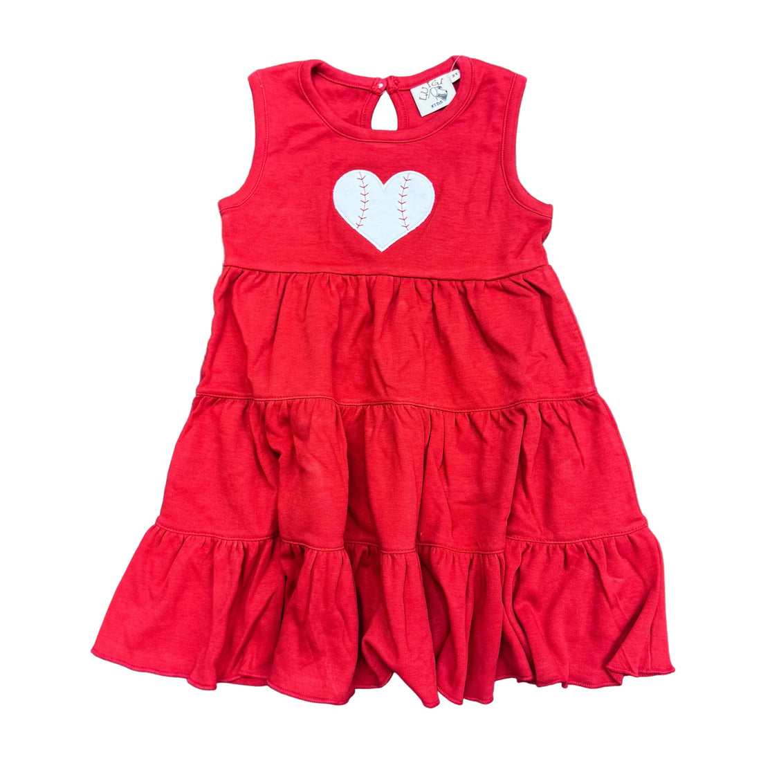 Girls Red Sleeveless Tier Dress with Baseball Heart Applique