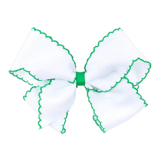 Moonstitch Grosgrain Hair Bow with Contrasting Wrap: White with Green
