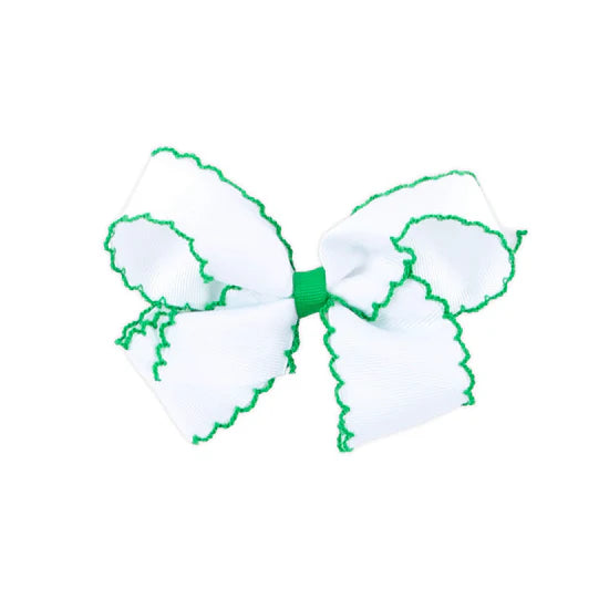 Moonstitch Grosgrain Hair Bow with Contrasting Wrap: White with Green