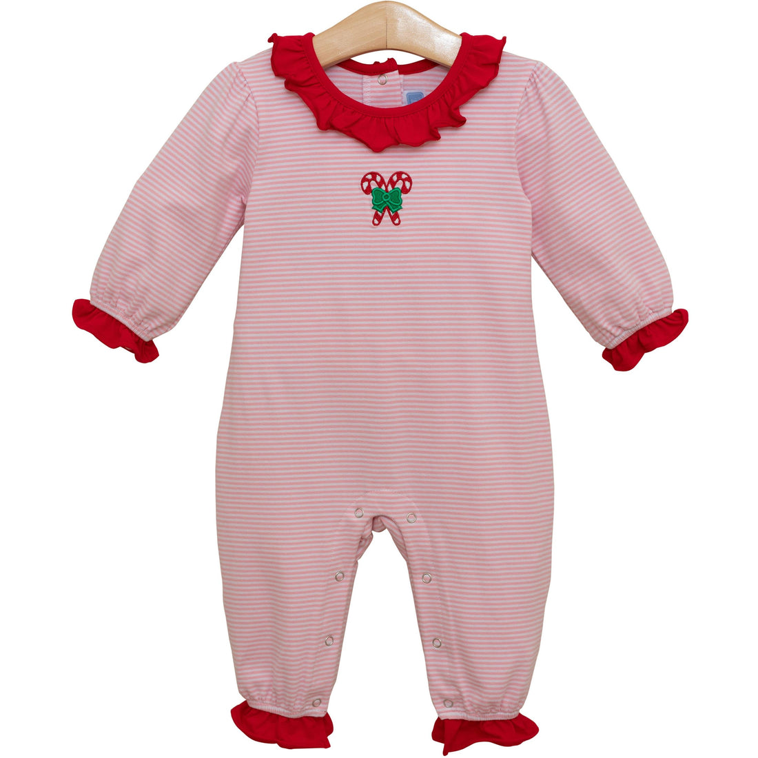 Light Pink Candy Cane Embroidered Ruffle Romper