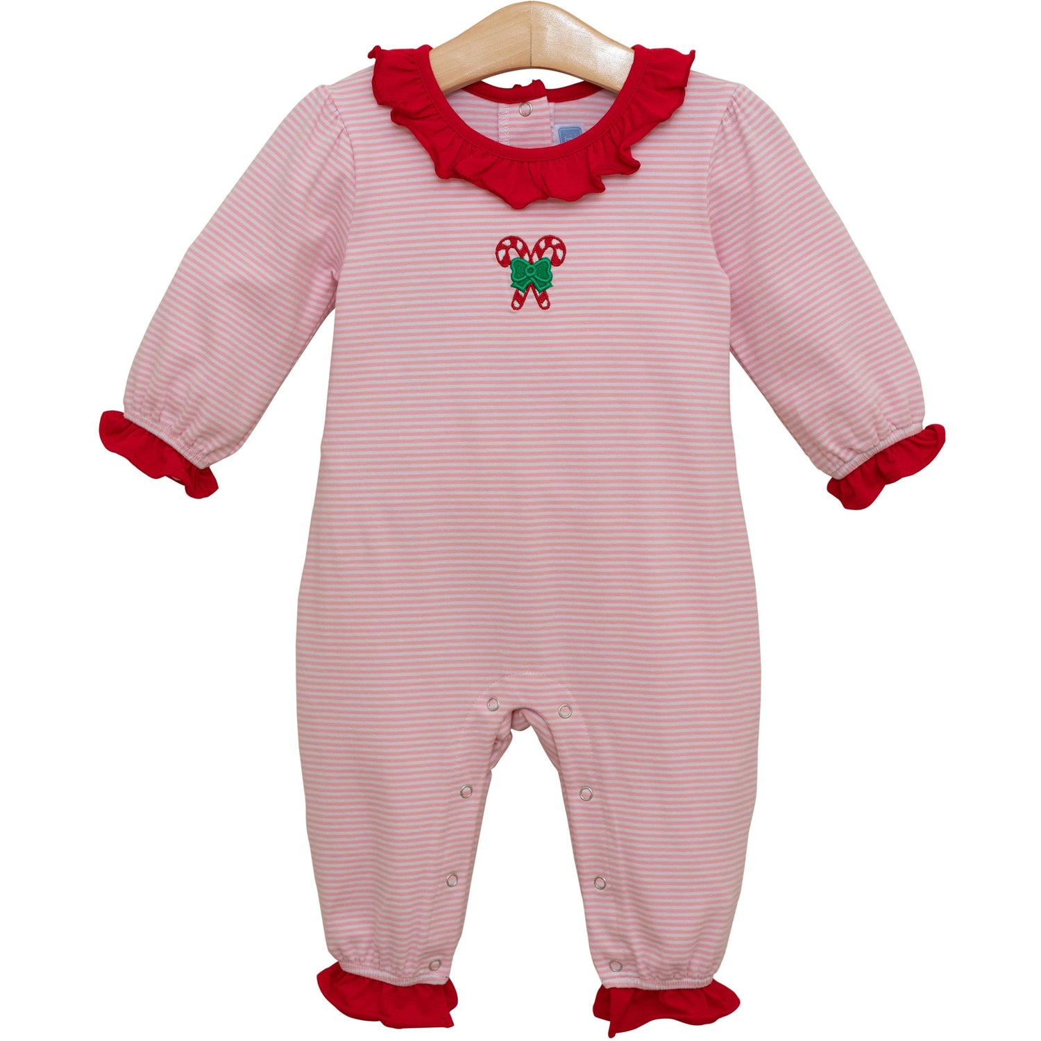 Light Pink Candy Cane Embroidered Ruffle Romper