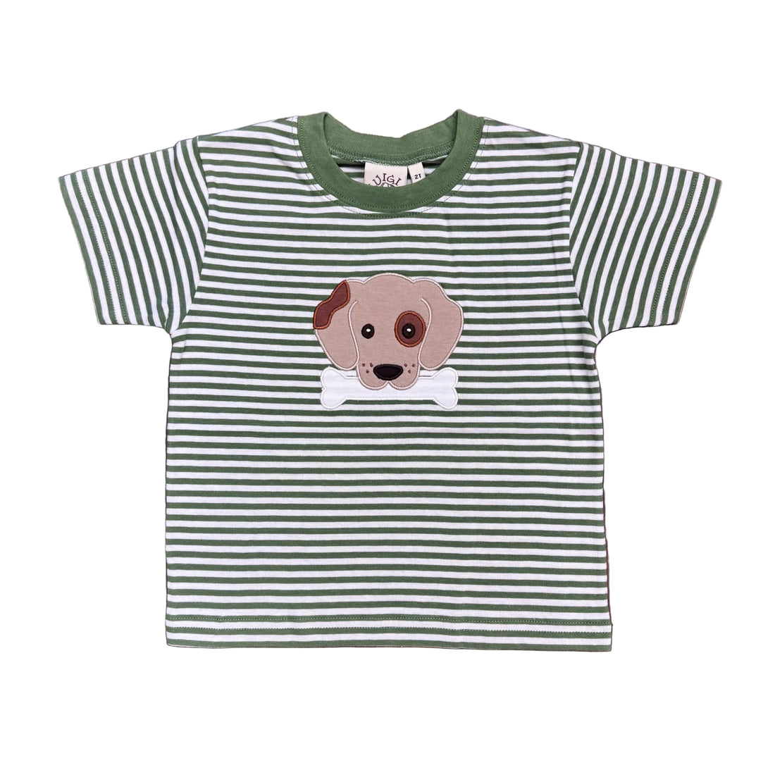 Boys Green Striped SS T-Shirt: Dog with Bone Applique