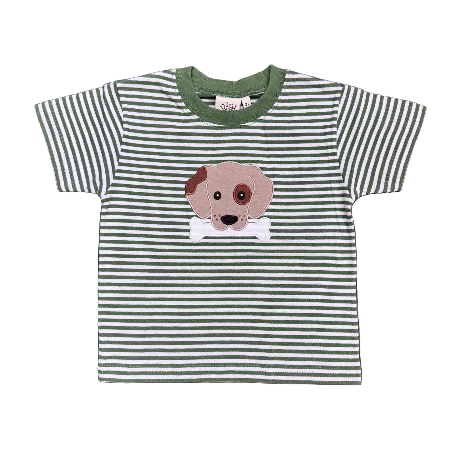 Boys Green Striped SS T-Shirt: Dog with Bone Applique