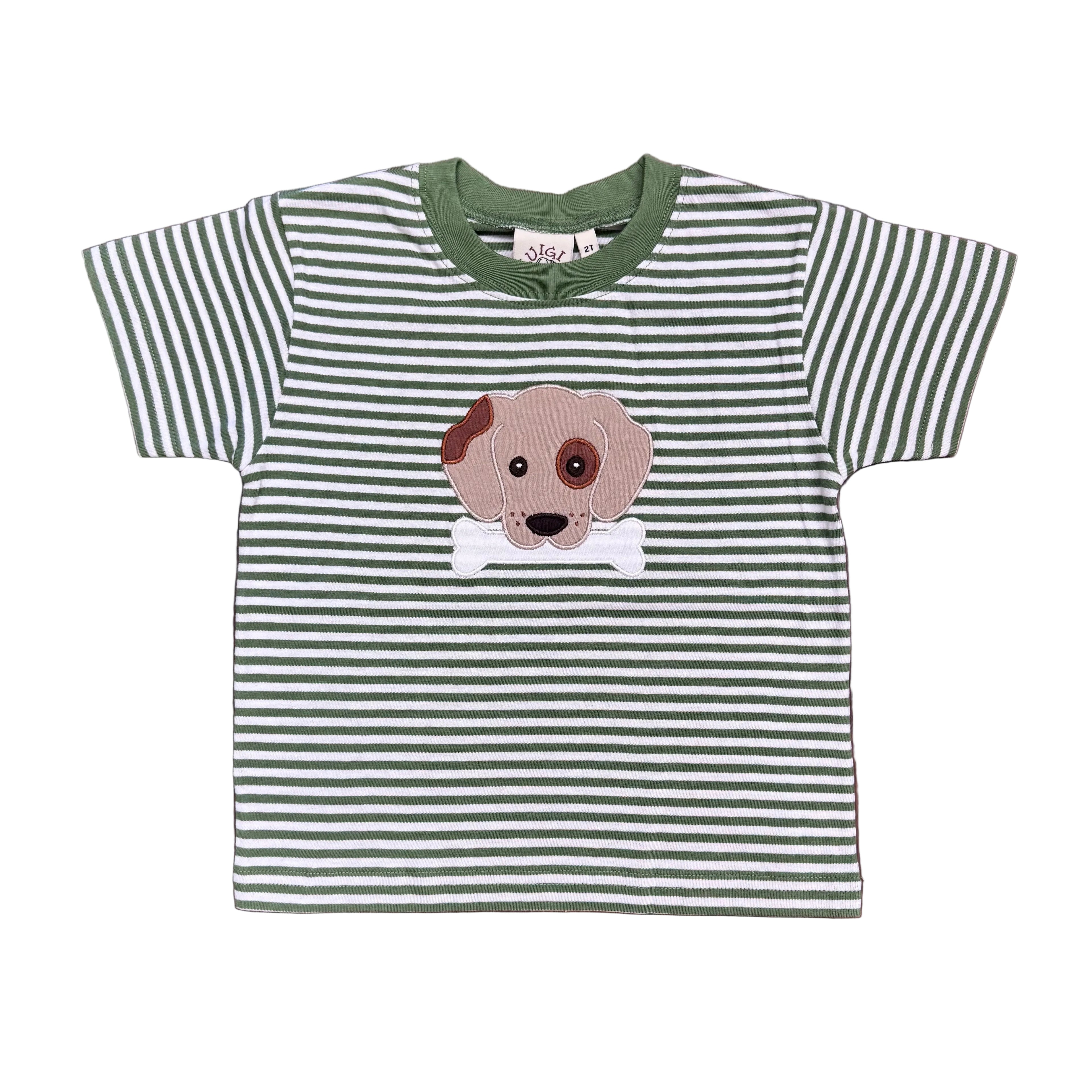 Boys Green Striped SS T-Shirt: Dog with Bone Applique