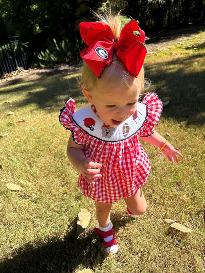 King Grosgrain Hair Bow with Moonstitch Edge and Embroidered University of Georgia Logo
