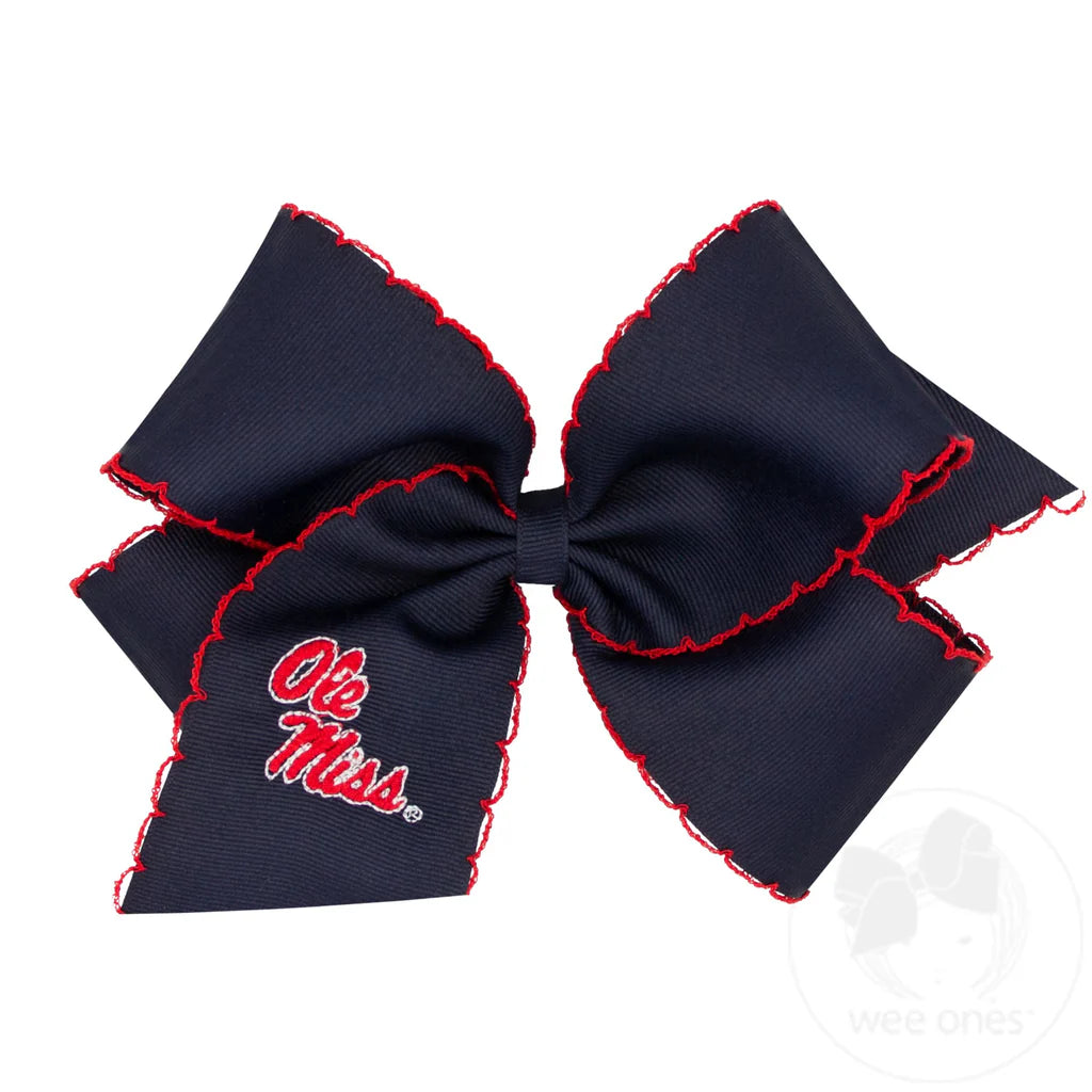 King Grosgrain Hair Bow with Moonstitch Edge and Embroidered Ole Miss Collegiate Logo