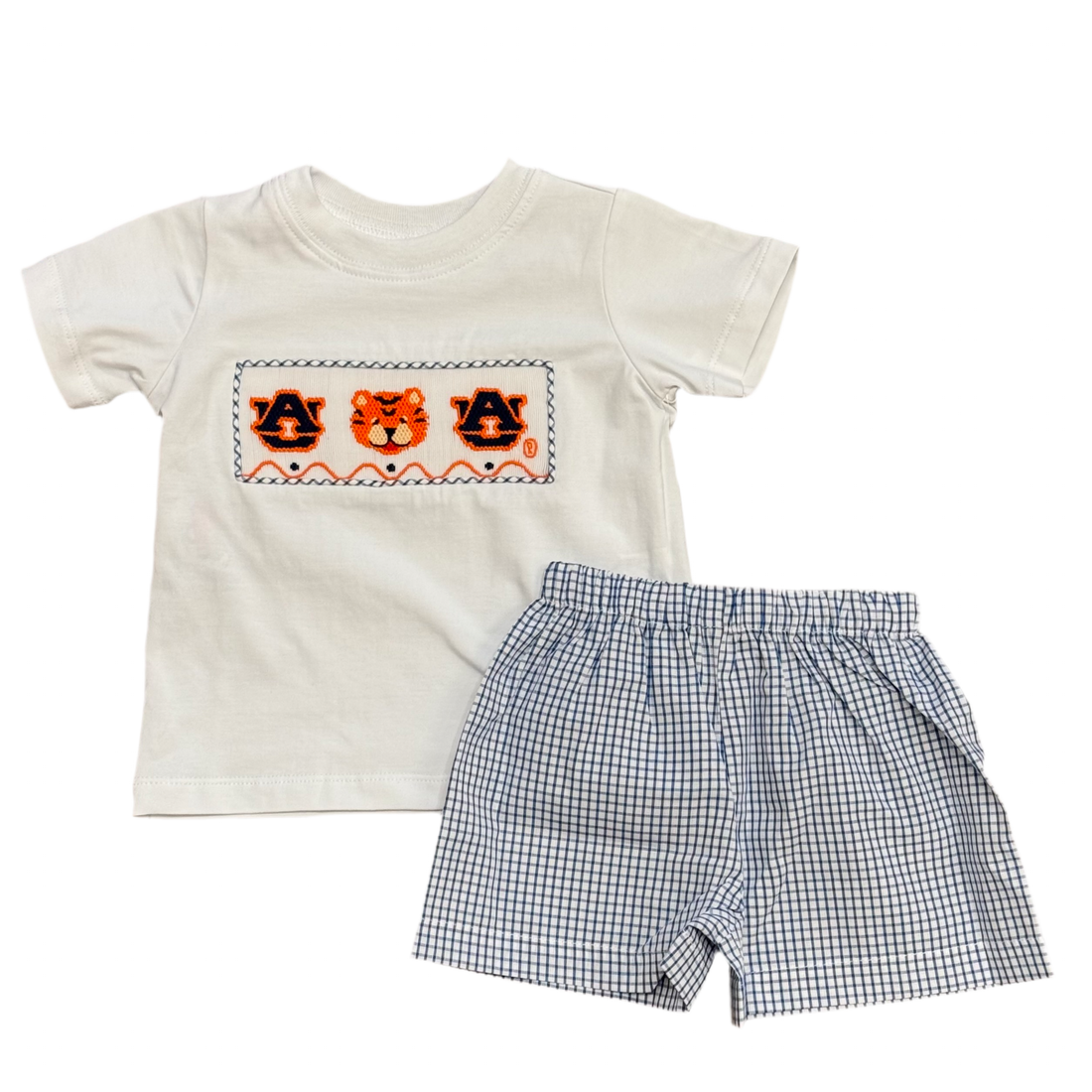 Auburn Smocked Boy Short Set: Navy/Orange