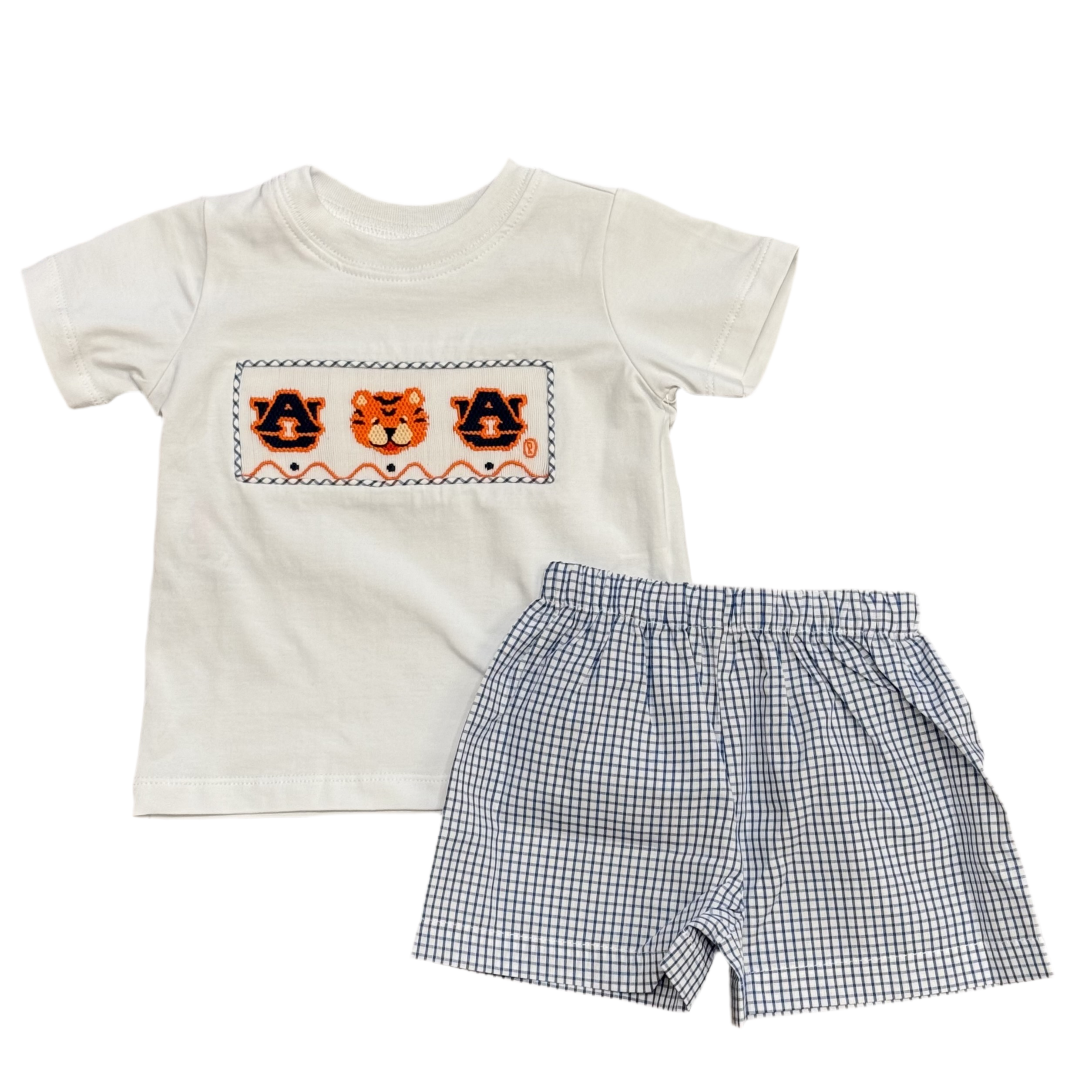 Auburn Smocked Boy Short Set: Navy/Orange