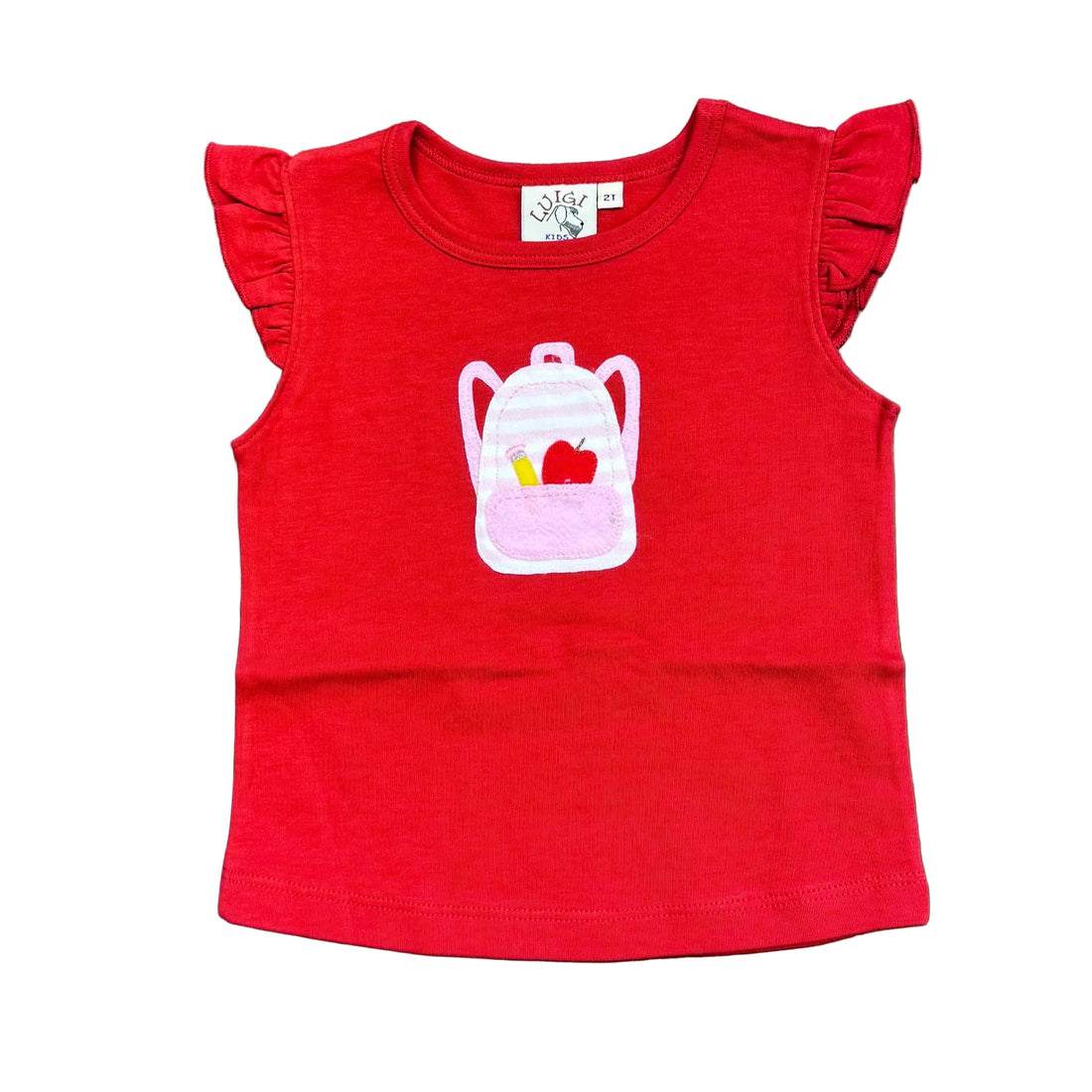 Girls Deep Red Flutter Sleeve Top with Backpack Applique