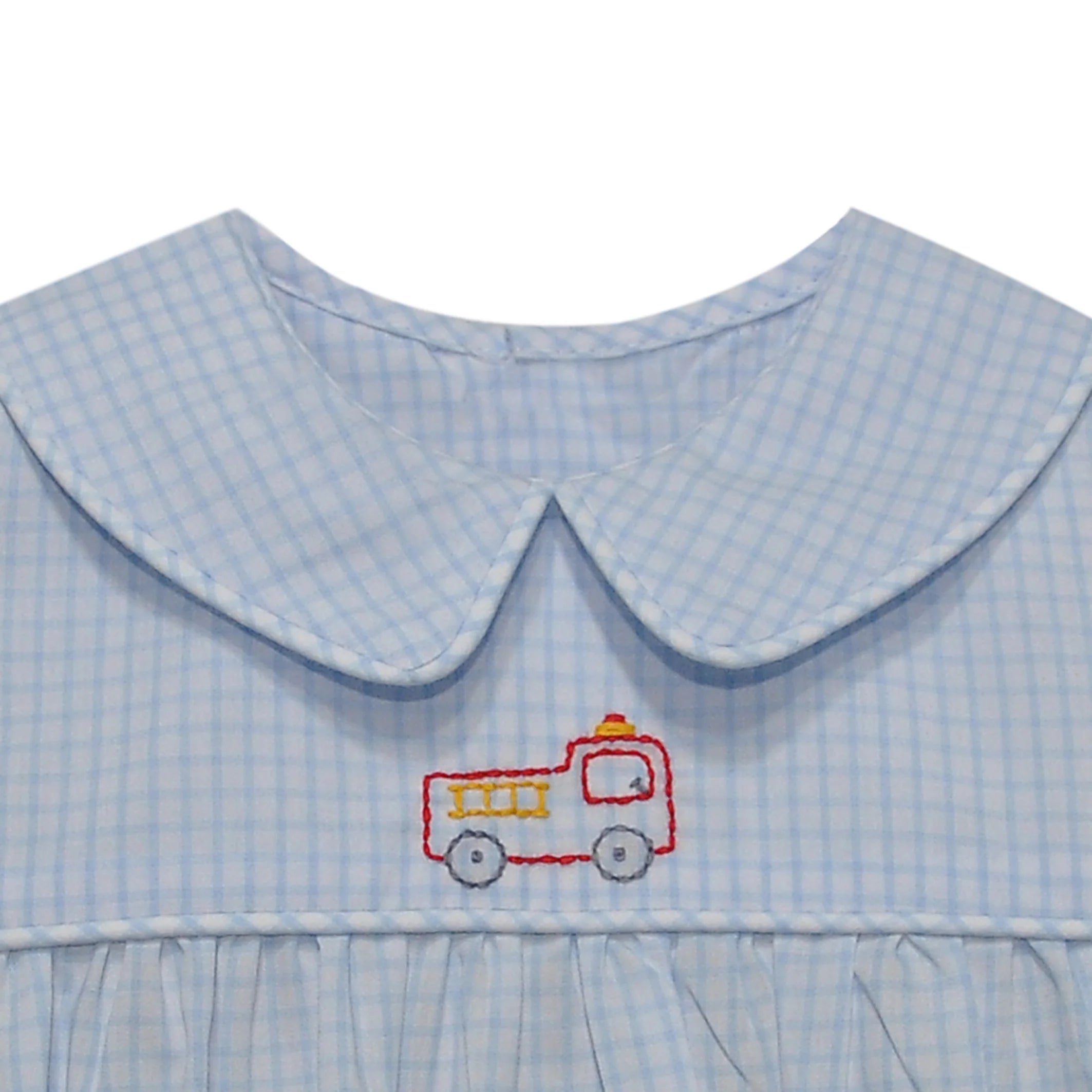 Light Blue Gingham Tate Boy Bubble: Fire Truck