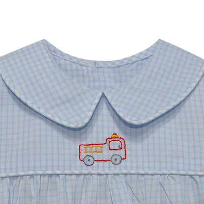 Light Blue Gingham Tate Boy Bubble: Fire Truck
