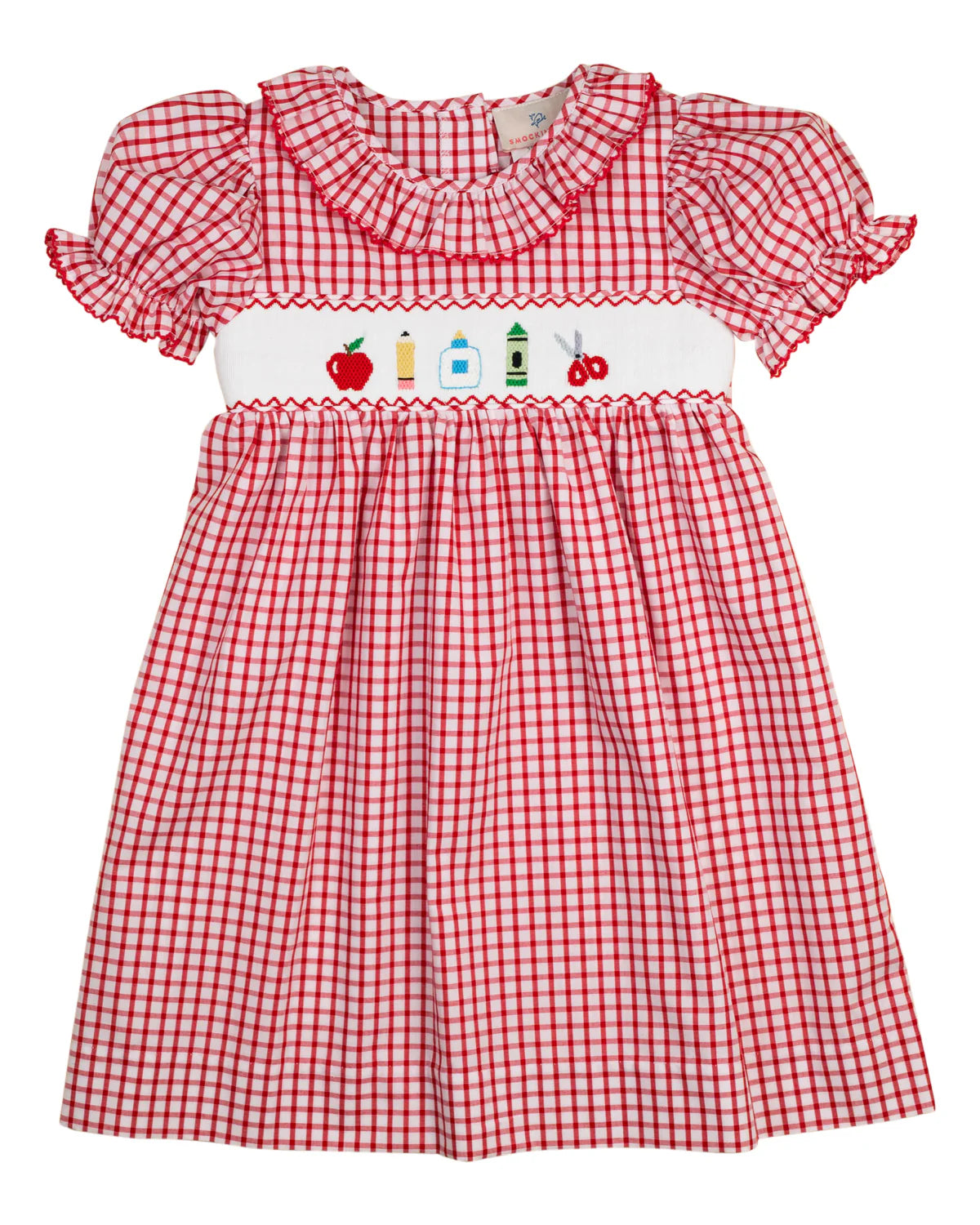 Red Windowpane Smocked School Supplies Dress