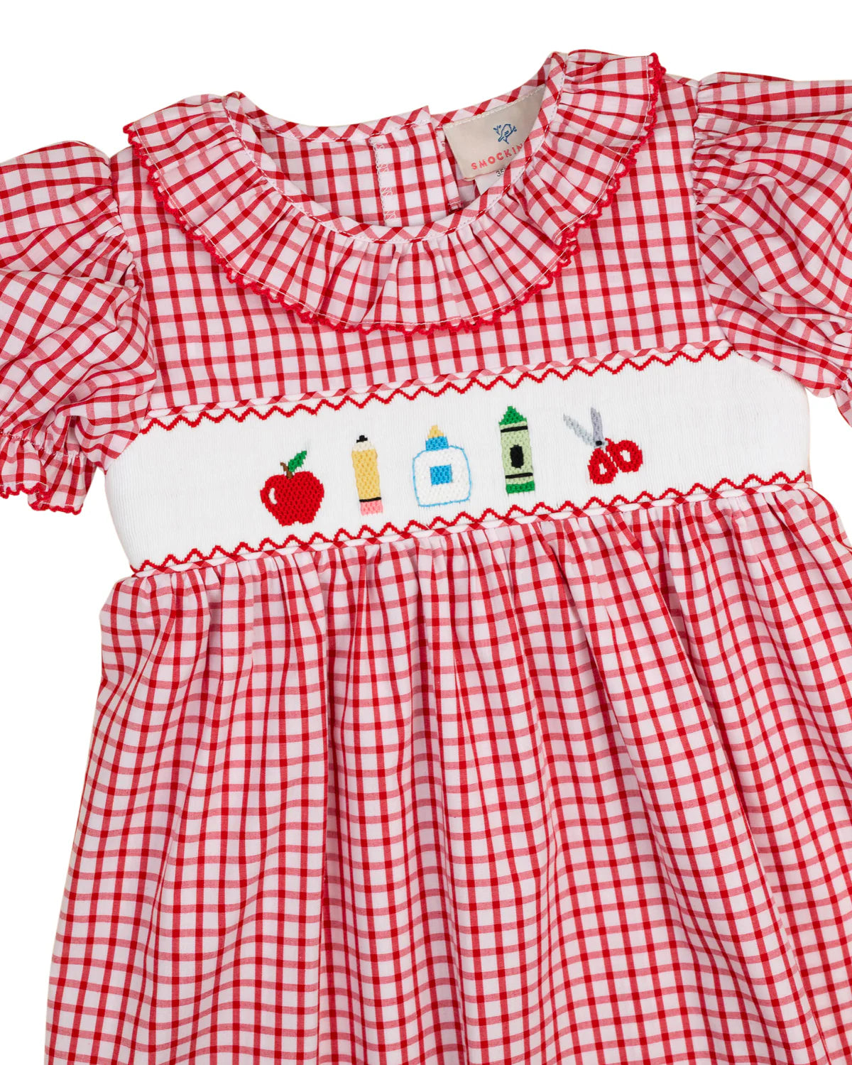 Red Windowpane Smocked School Supplies Dress