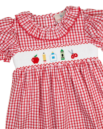 Red Windowpane Smocked School Supplies Dress