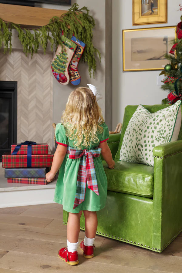TBBC Cindy Lou Sash Dress: Kiawah Kelley Green Velveteen with Wilson Pier Plaid