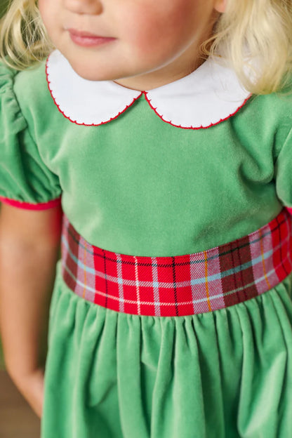 TBBC Cindy Lou Sash Dress: Kiawah Kelley Green Velveteen with Wilson Pier Plaid