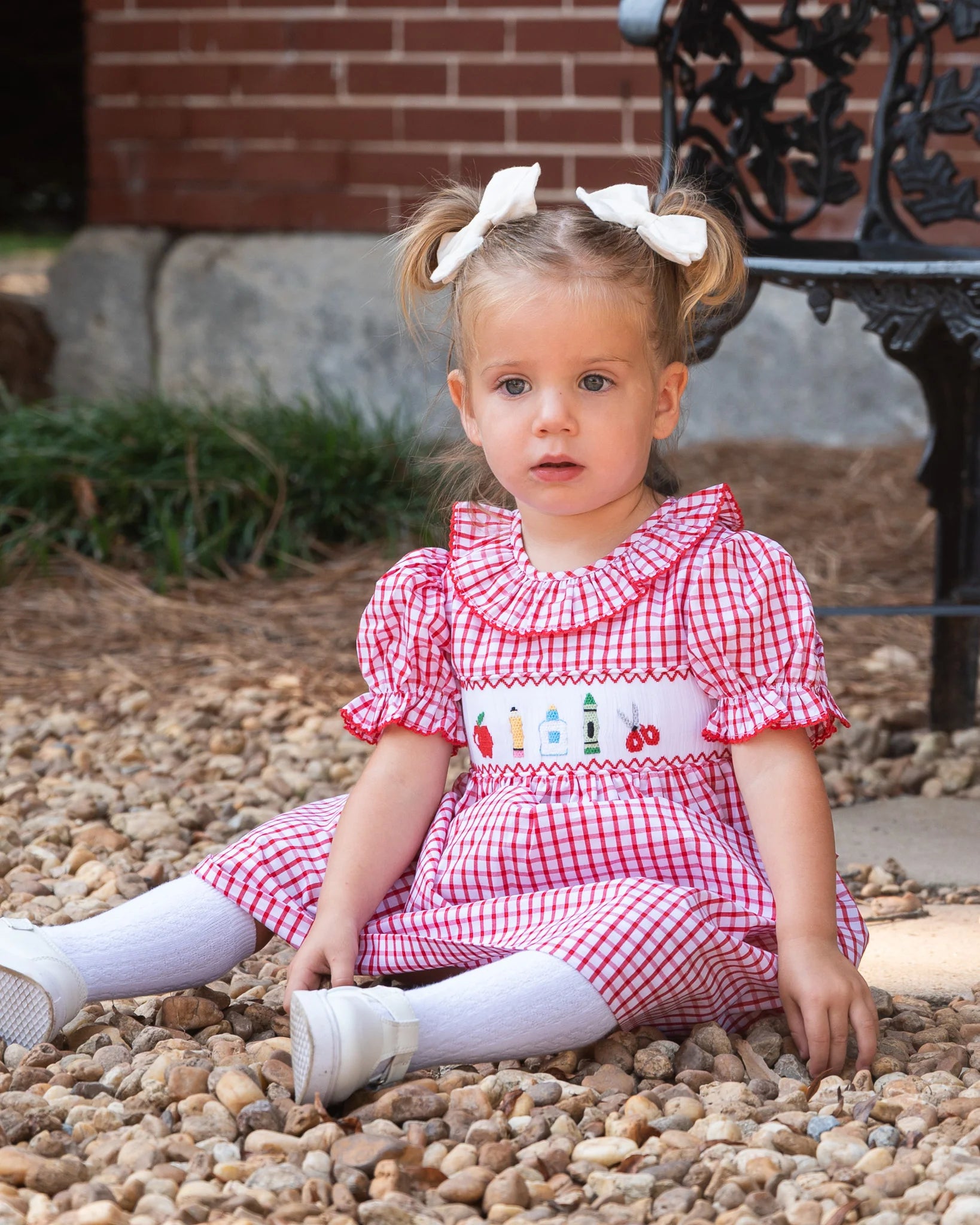 Red Windowpane Smocked School Supplies Dress