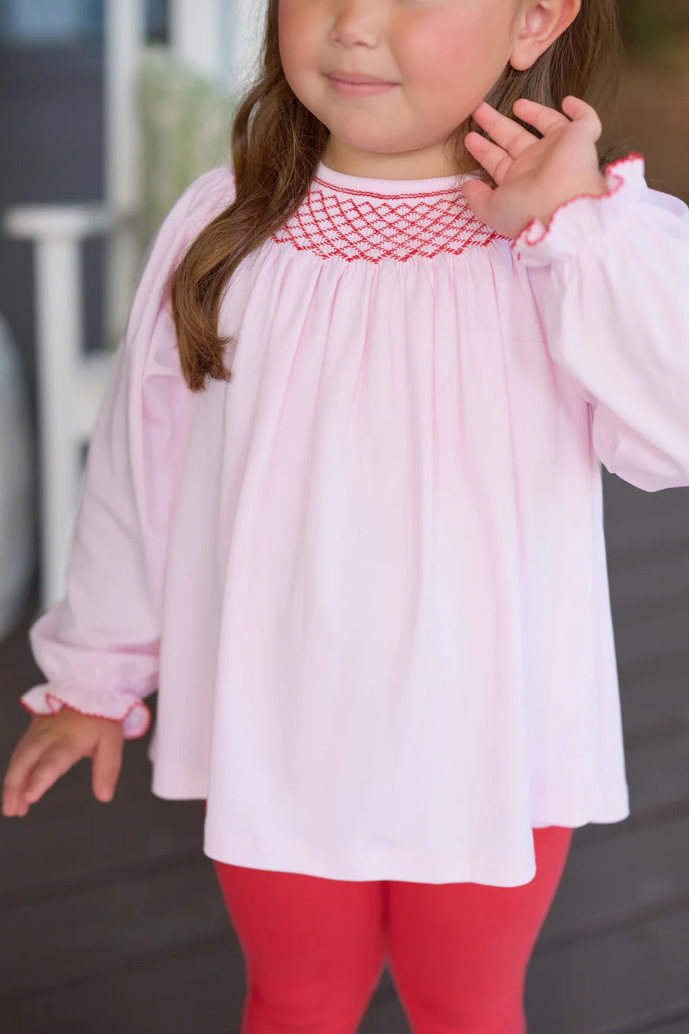 TBBC Bettye Sue Smocked Top: Palm Beach Pink with Richmond Red Smocking