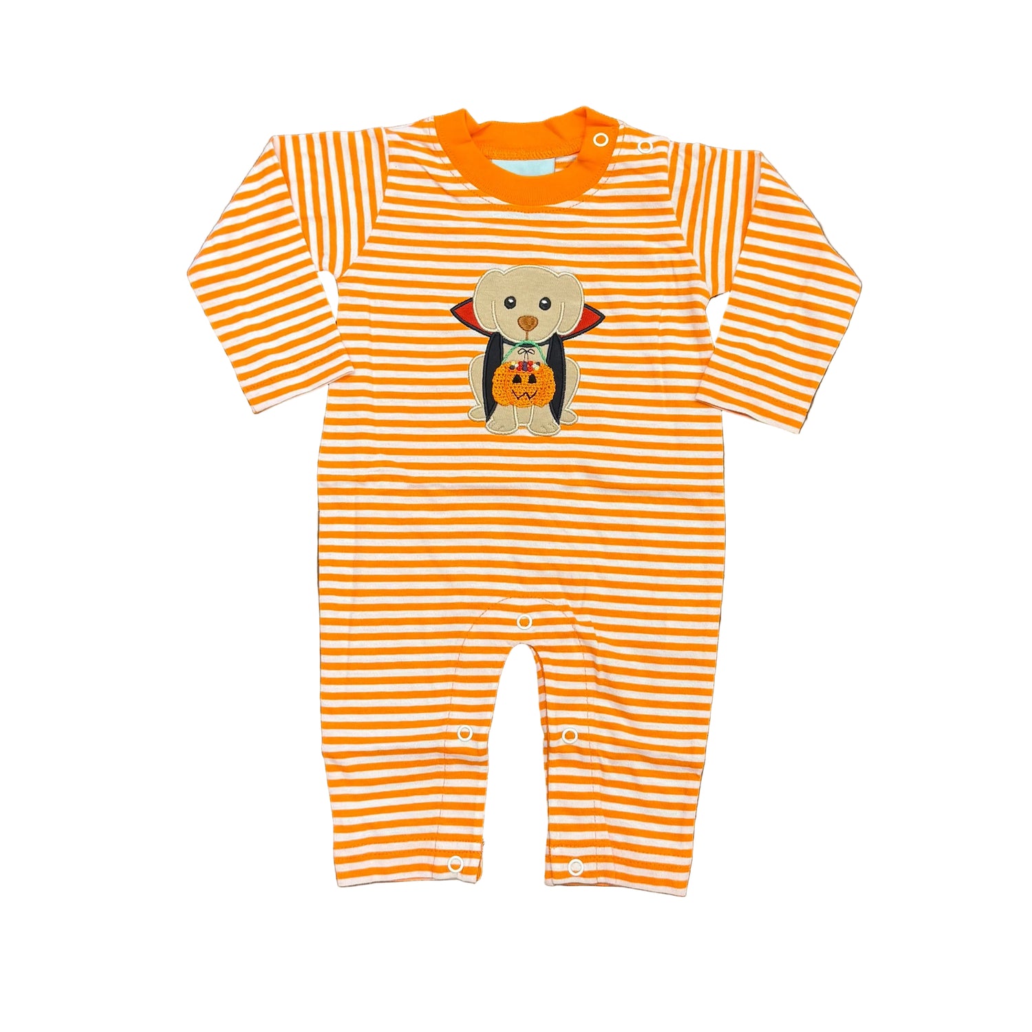 Orange/White Stripe LS Romper: Dracula Pup Applique
