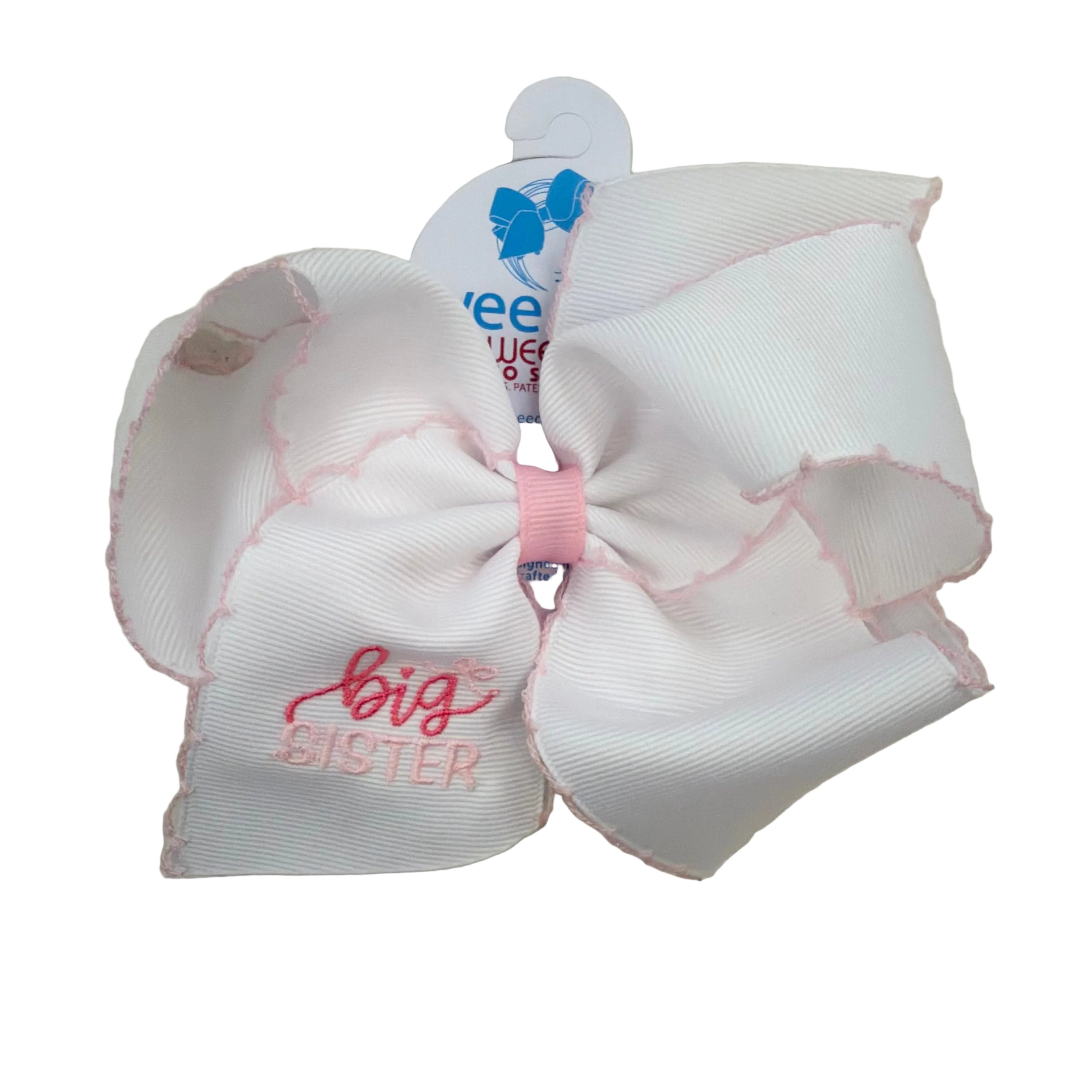 Grosgrain Hair Bow with Light Pink Moonstitch Edge and Big Sister Embroidery