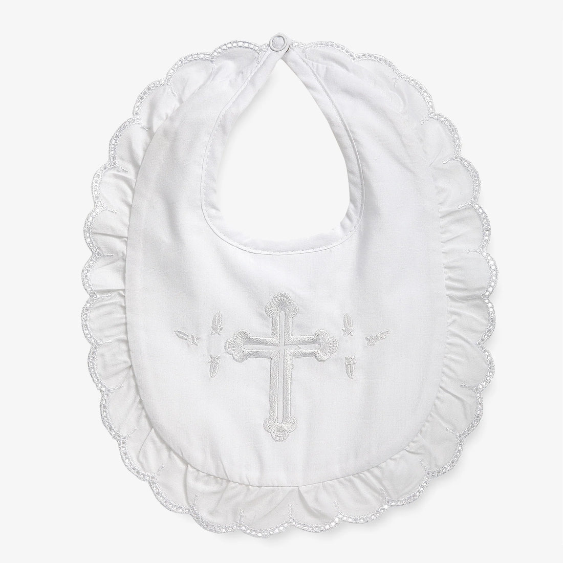 Elegant Baby Christening Bib w/Embroidered Cross (Scalloped Edge)