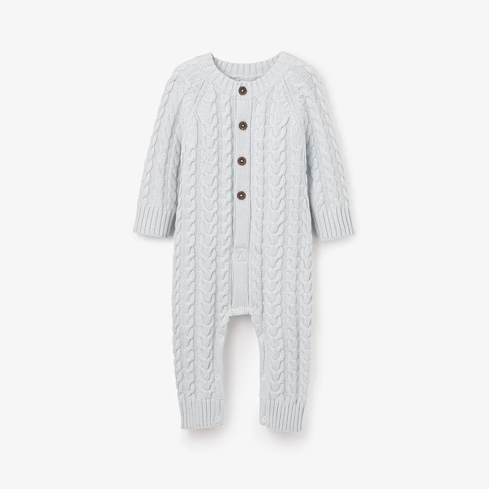 Horseshoe Cable Knit Baby Jumpsuit: Pale Blue