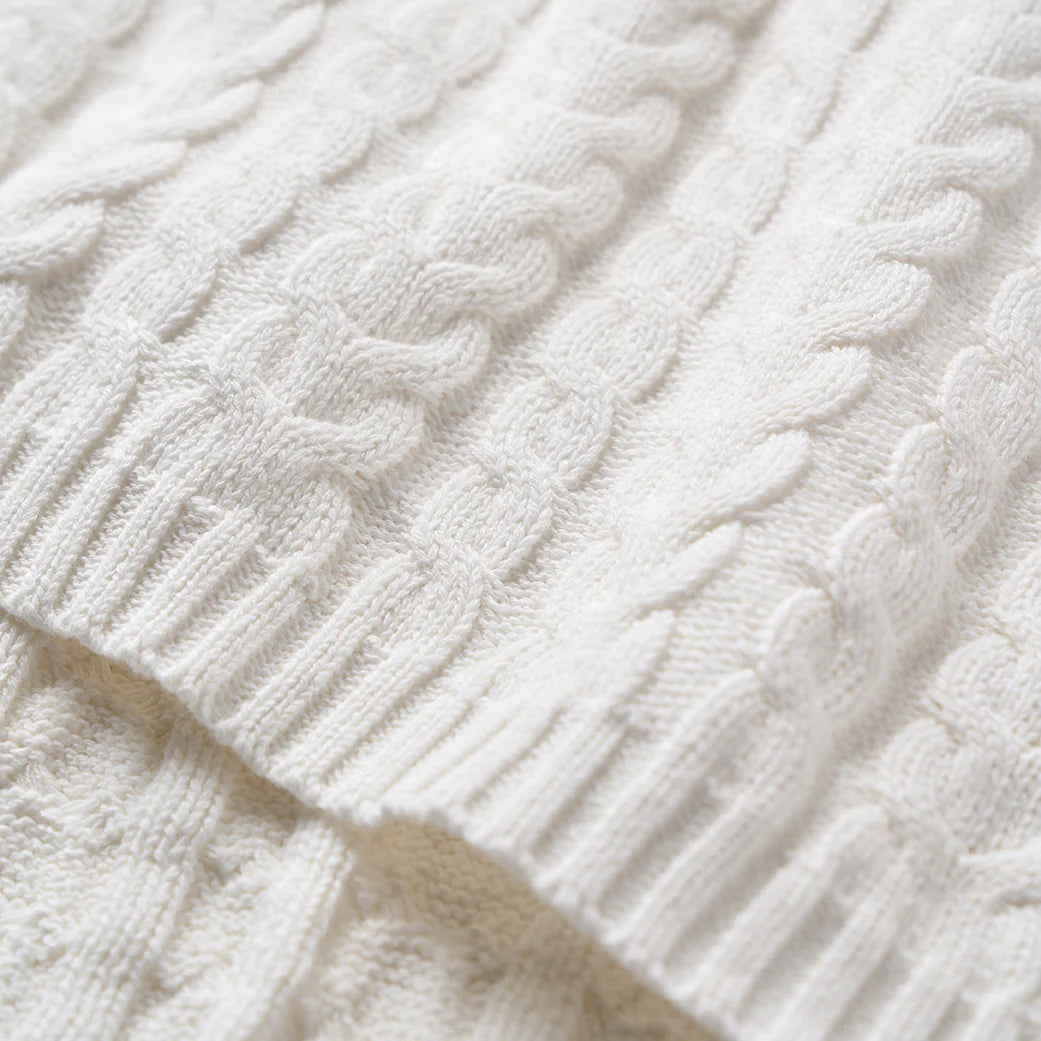 Horseshoe Cable Knit Baby Blanket: Whisper White