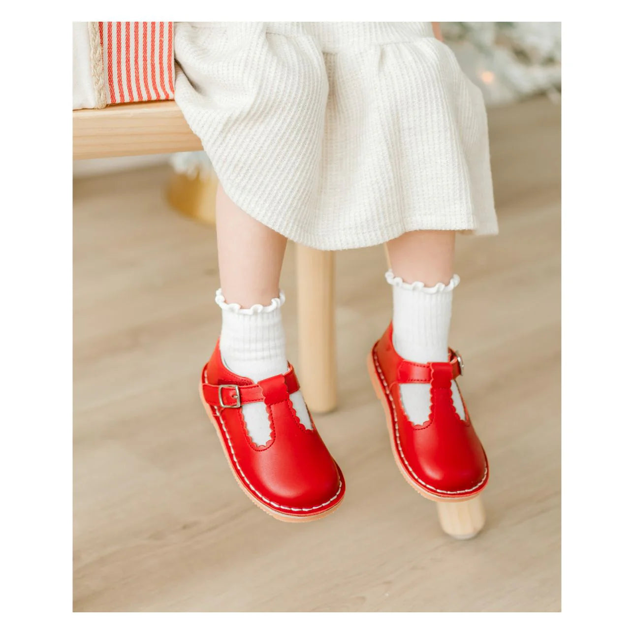 Selina Scalloped T-Strap Mary Janes: Red