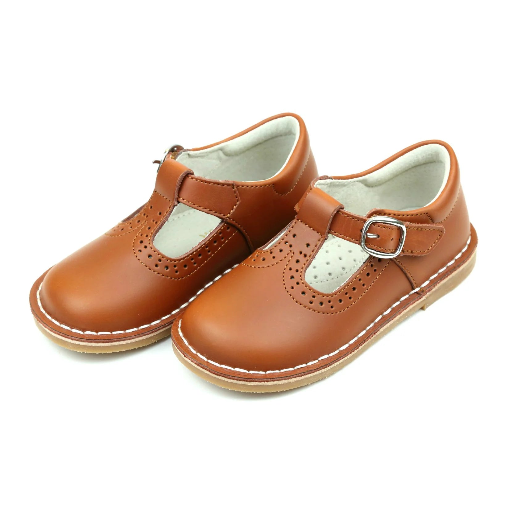 Frances T-Strap Perforated Mary Janes: Cognac