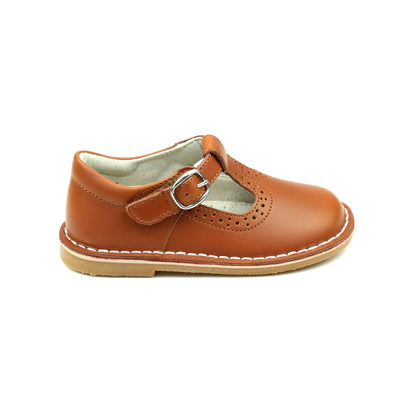 Frances T-Strap Perforated Mary Janes: Cognac