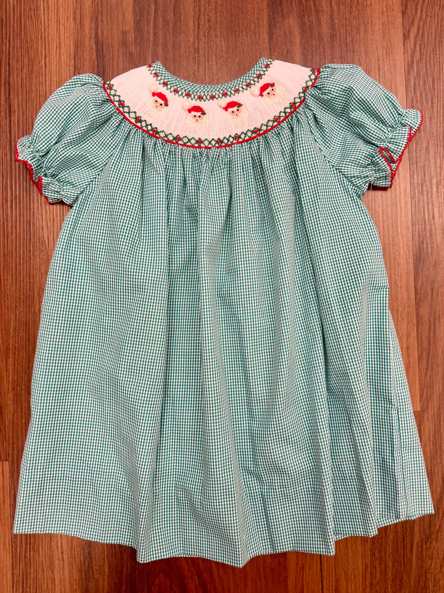 Green Gingham Santa Smocked Bishop Dress