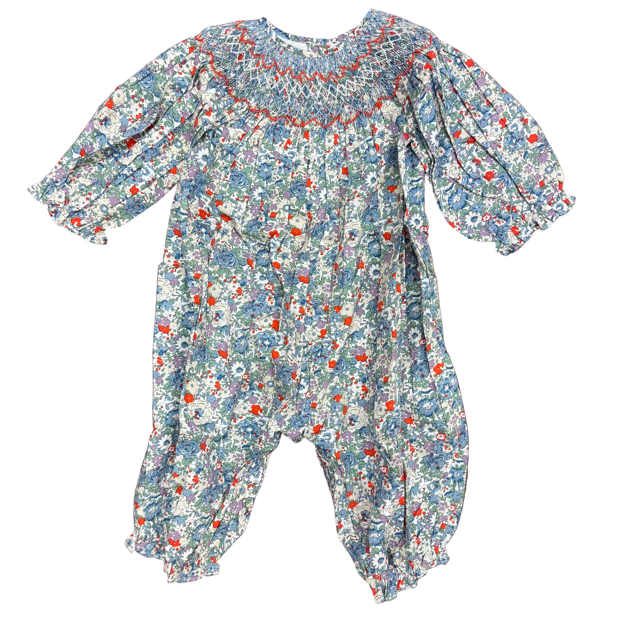 Blue/Red Floral Smocked Long Romper