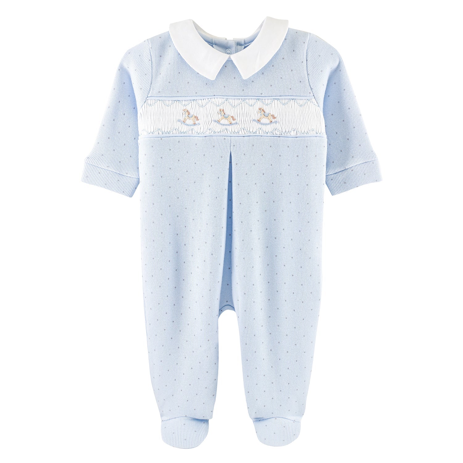 Light Blue Dots English Knot Rocking Horse Smocked Footie