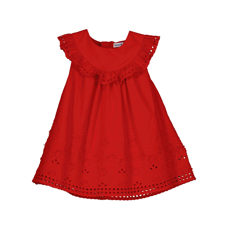 Embroidered Ruffle Collar Dress: Red