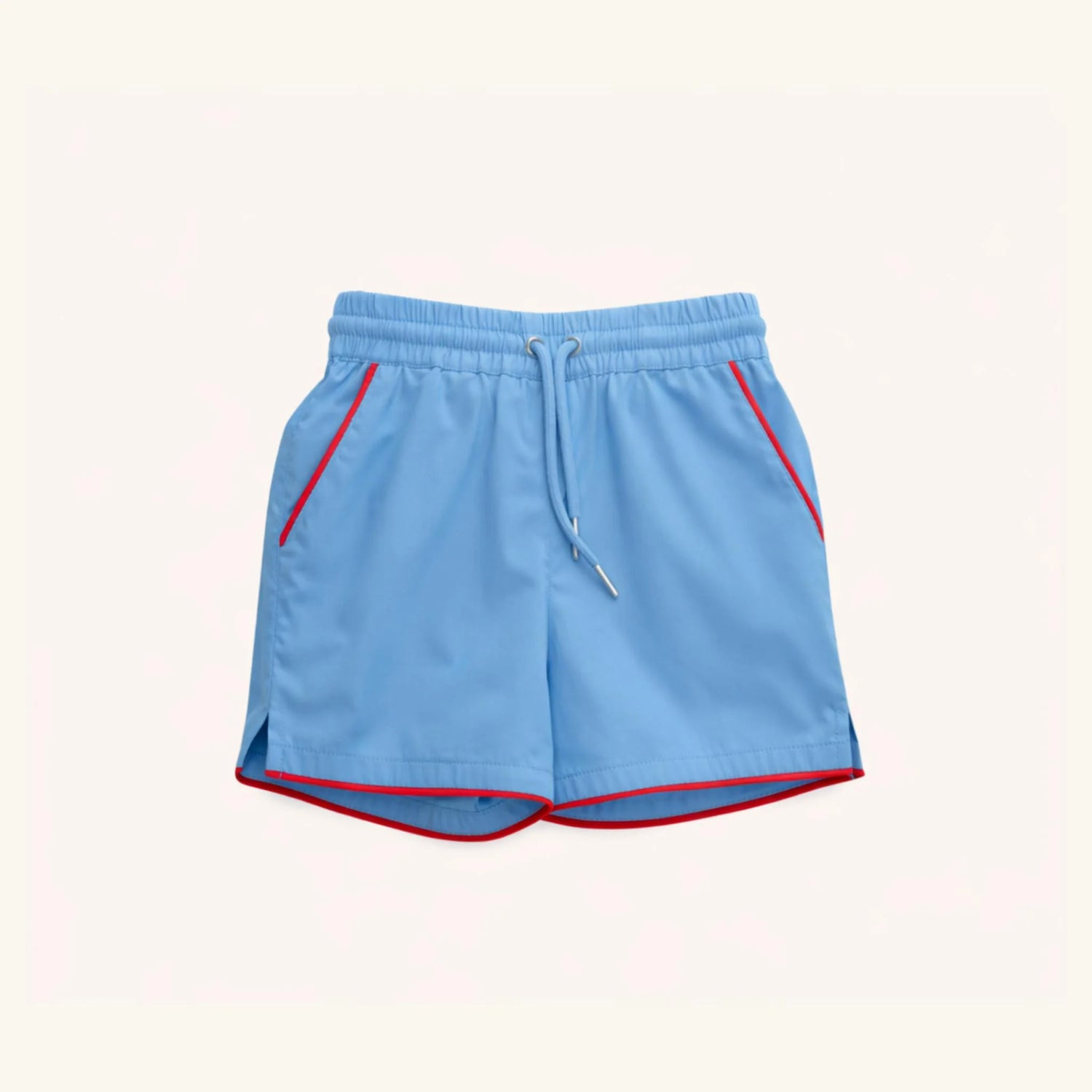 Boys Drawstring Shorts: Blue with Red Trim