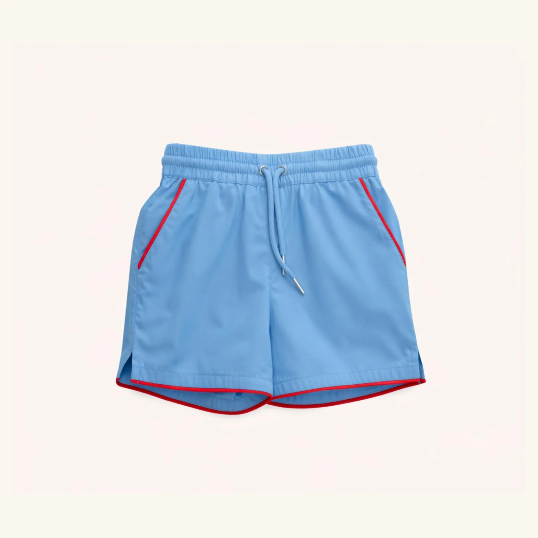Boys Drawstring Shorts: Blue with Red Trim