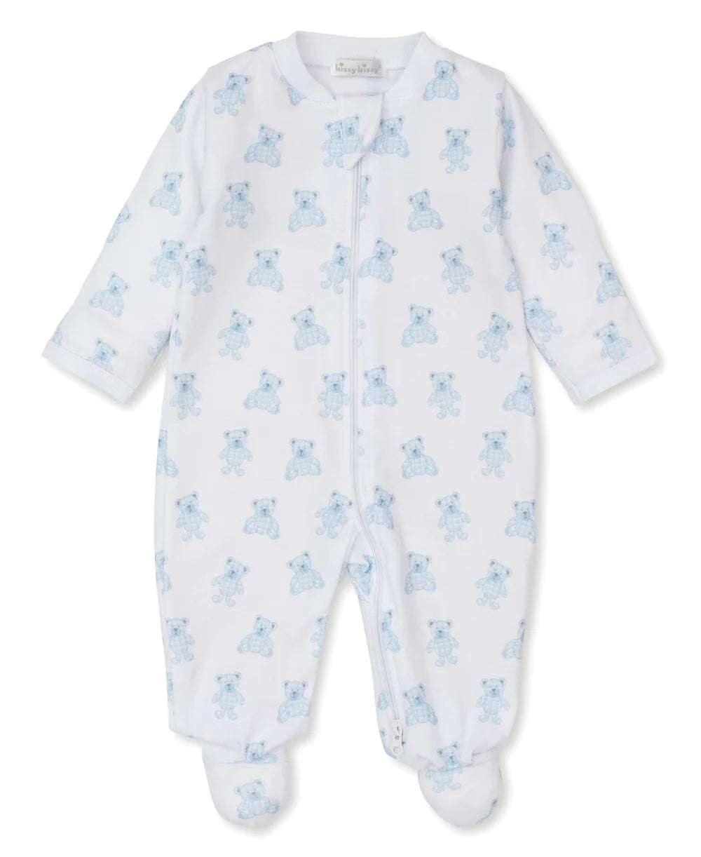 Kissy Kissy Beary Plaid Zip Footie (Blue)