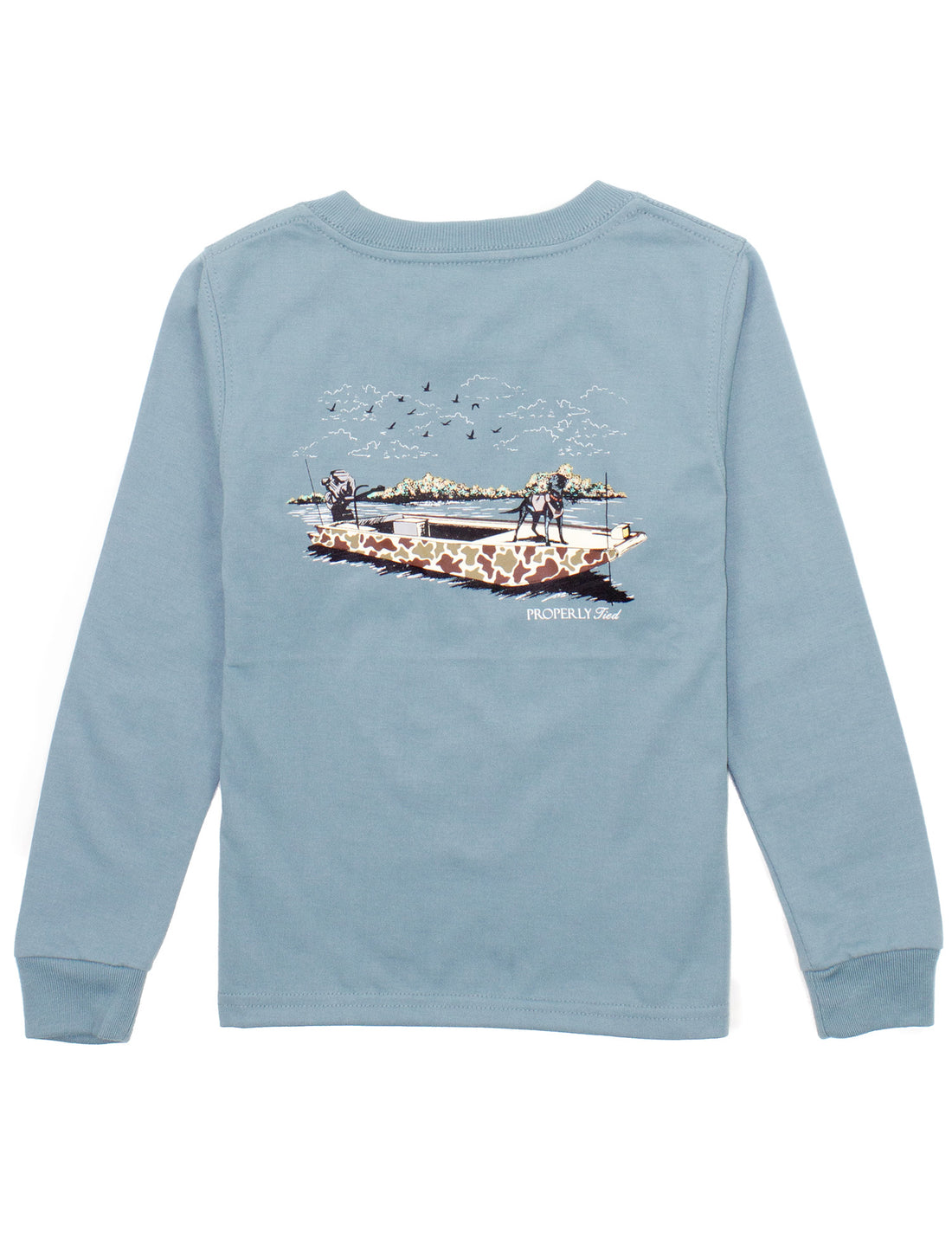 Properly Tied Boys LS Graphic Tee: Steel Blue with Boat Ride