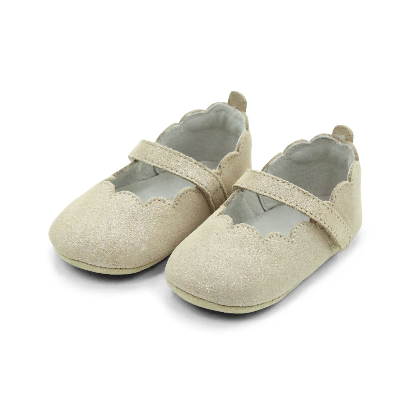 Mimi Scalloped Mary Jane Crib Shoe: Champagne Suede Shimmer