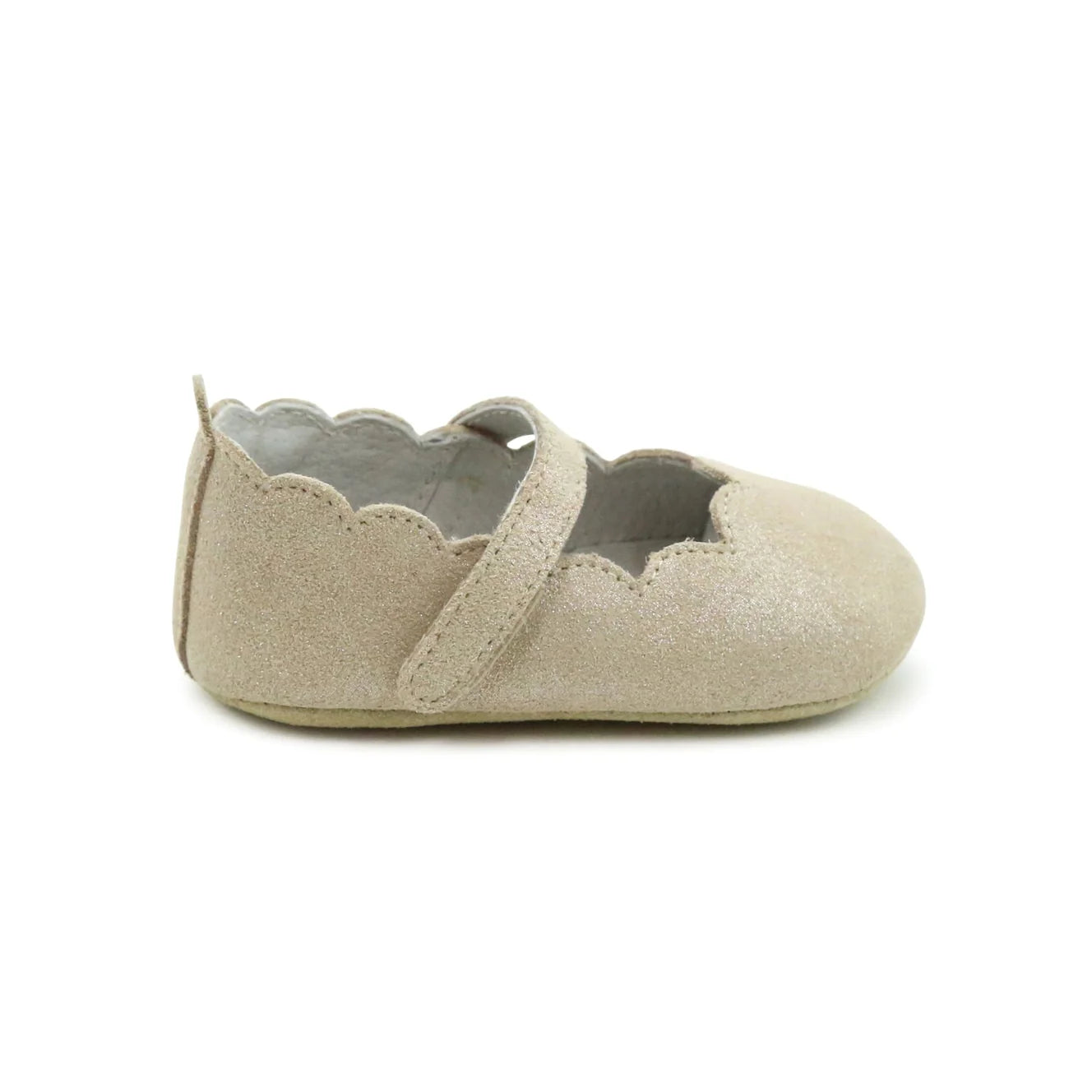 Mimi Scalloped Mary Jane Crib Shoe: Champagne Suede Shimmer