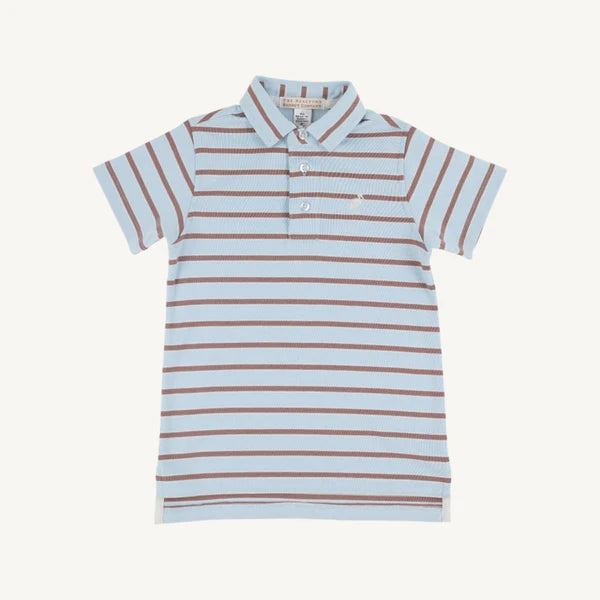 TBBC SS Prim &amp; Proper Polo: Buckhead Blue, Palmetto Pearl &amp; Gray Bay Brown Stripe