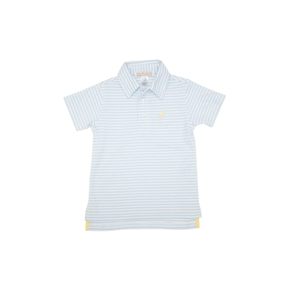 TBBC Pima SS Prim &amp; Proper Polo: Buckhead Blue Stripe with Seaside Sunny Yellow Stork