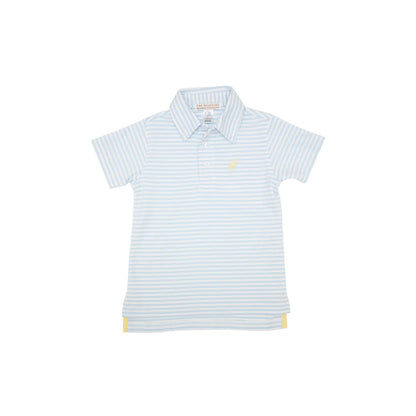TBBC Pima SS Prim &amp; Proper Polo: Buckhead Blue Stripe with Seaside Sunny Yellow Stork