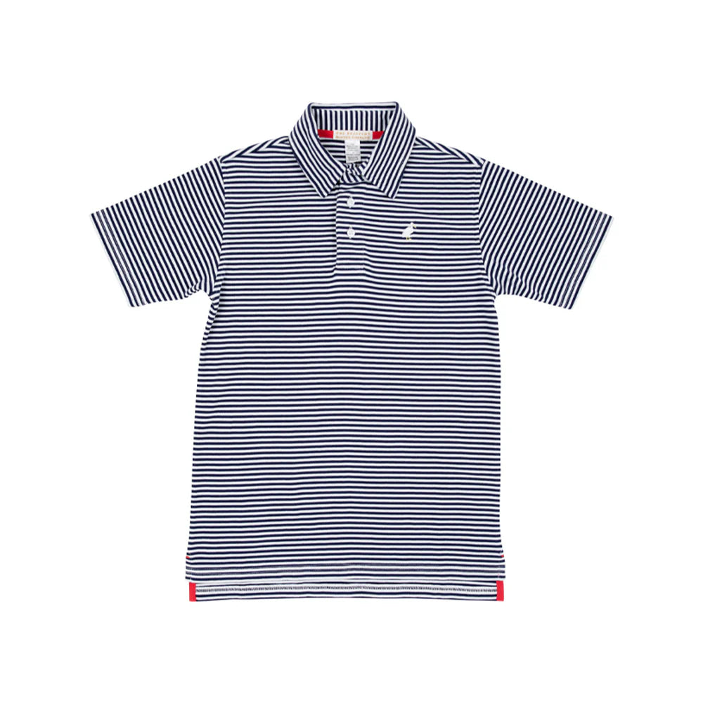TBBC SS Prim &amp; Proper Polo: Nantucket Navy Stripe with Multicolor Stork