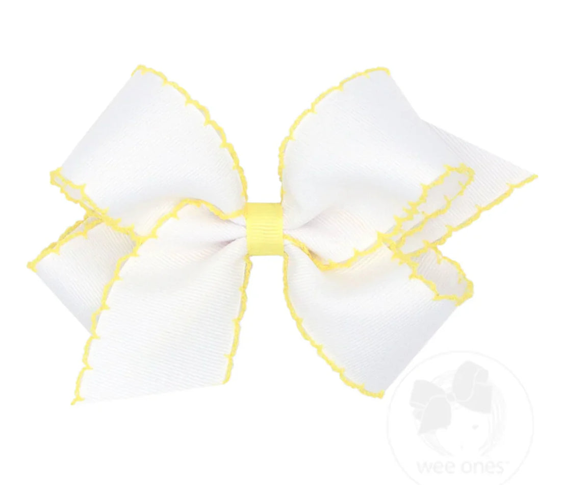Moonstitch Grosgrain Hair Bow with Contrasting Wrap: White with Light Yellow
