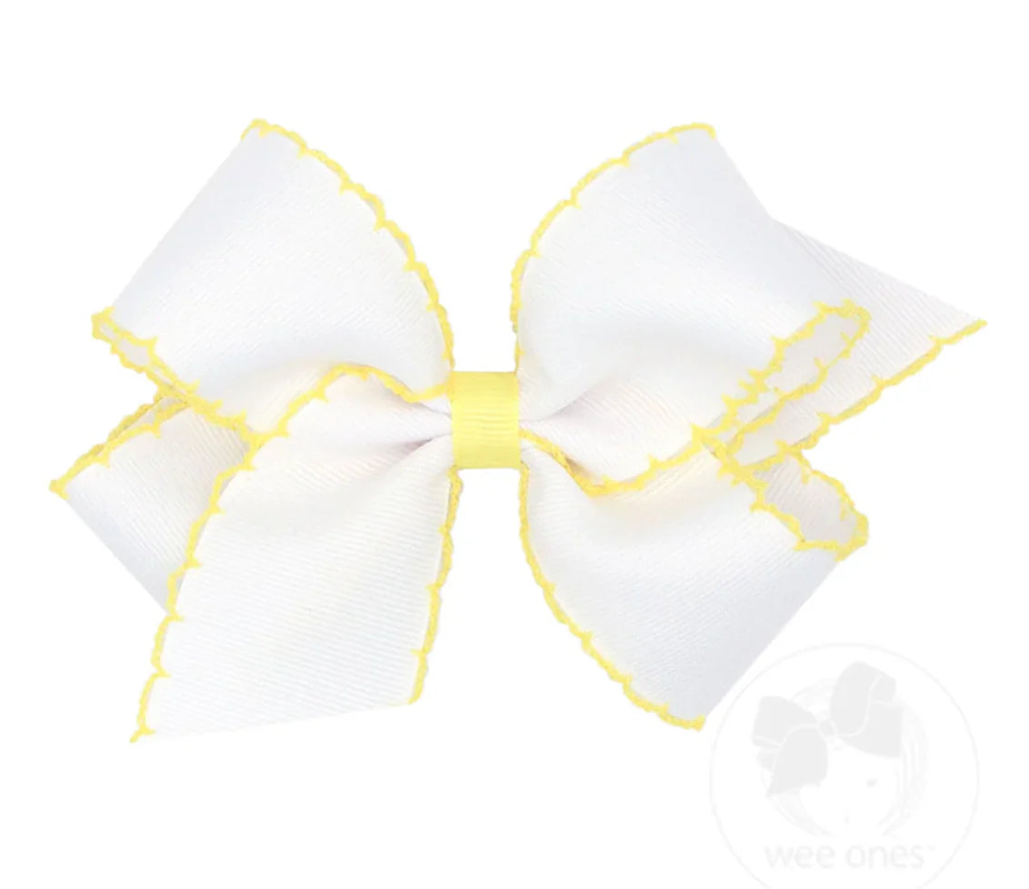 Moonstitch Grosgrain Hair Bow with Contrasting Wrap: White with Light Yellow
