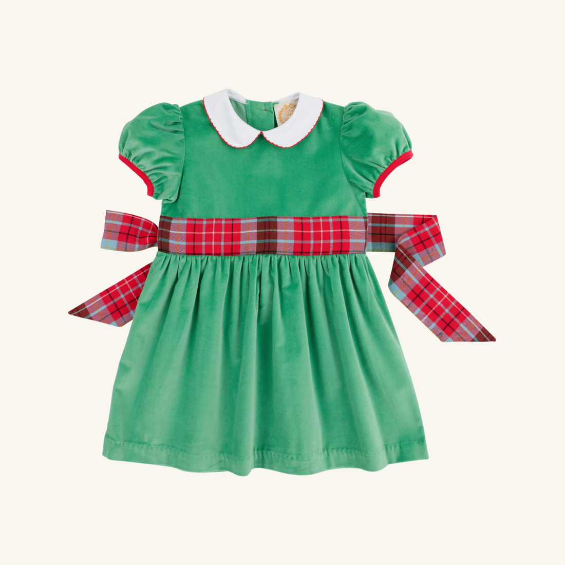 TBBC Cindy Lou Sash Dress: Kiawah Kelley Green Velveteen with Wilson Pier Plaid