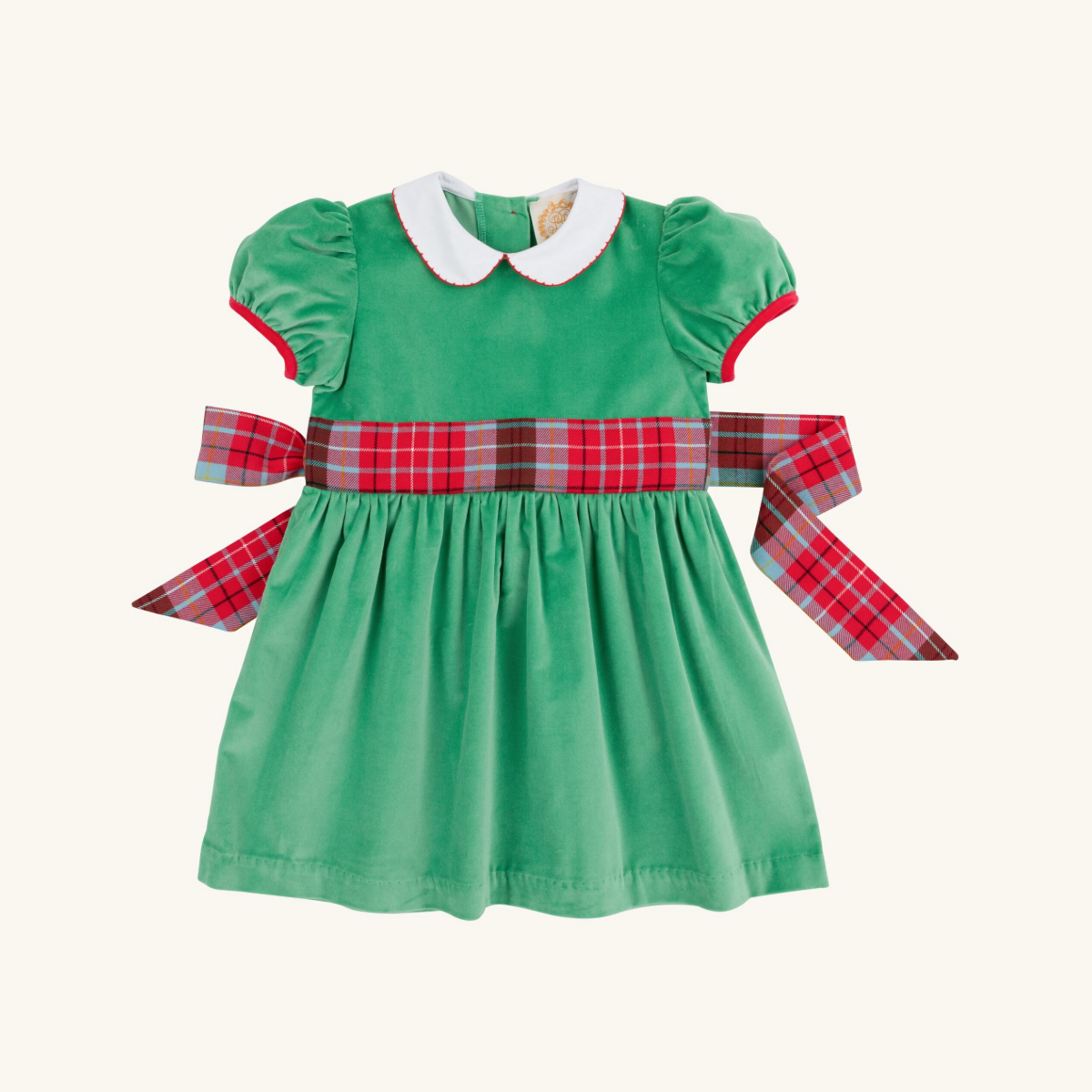 TBBC Cindy Lou Sash Dress: Kiawah Kelley Green Velveteen with Wilson Pier Plaid