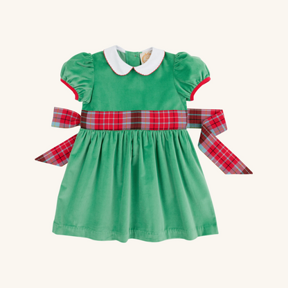 TBBC Cindy Lou Sash Dress: Kiawah Kelley Green Velveteen with Wilson Pier Plaid